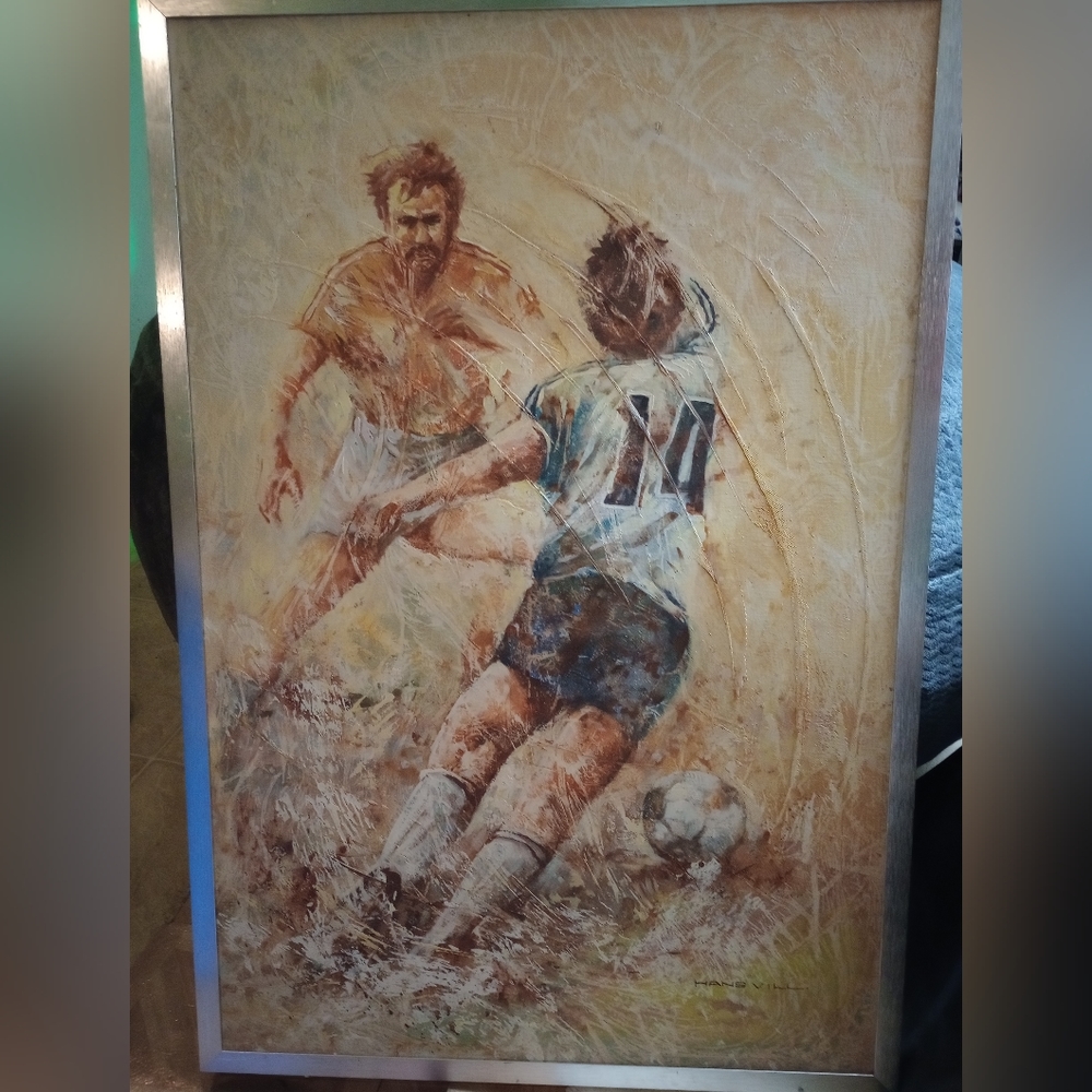Soccer Players Oil Painting 26" x 37" metal frame